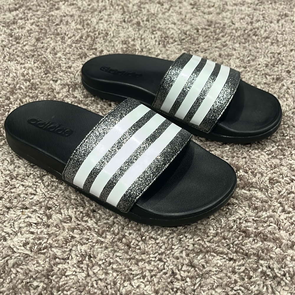 adidas Kids Black Sandals with White Stripes